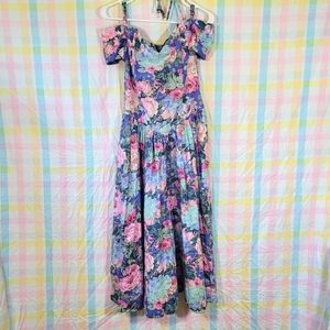 Vintage floral bodice fitted prairie dress off shoulder cottagecore princess